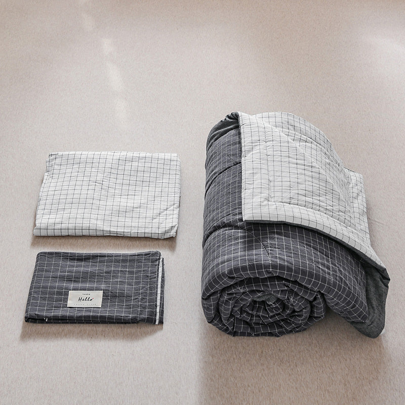PuTwo薄款全棉水洗棉夏季空调被C款（1被子+2枕套） 灰白小格   200*150cm