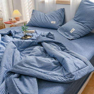 PuTwo薄款全棉水洗棉夏季空调被C款（1被子+2枕套） 蓝白条纹  200*150cm